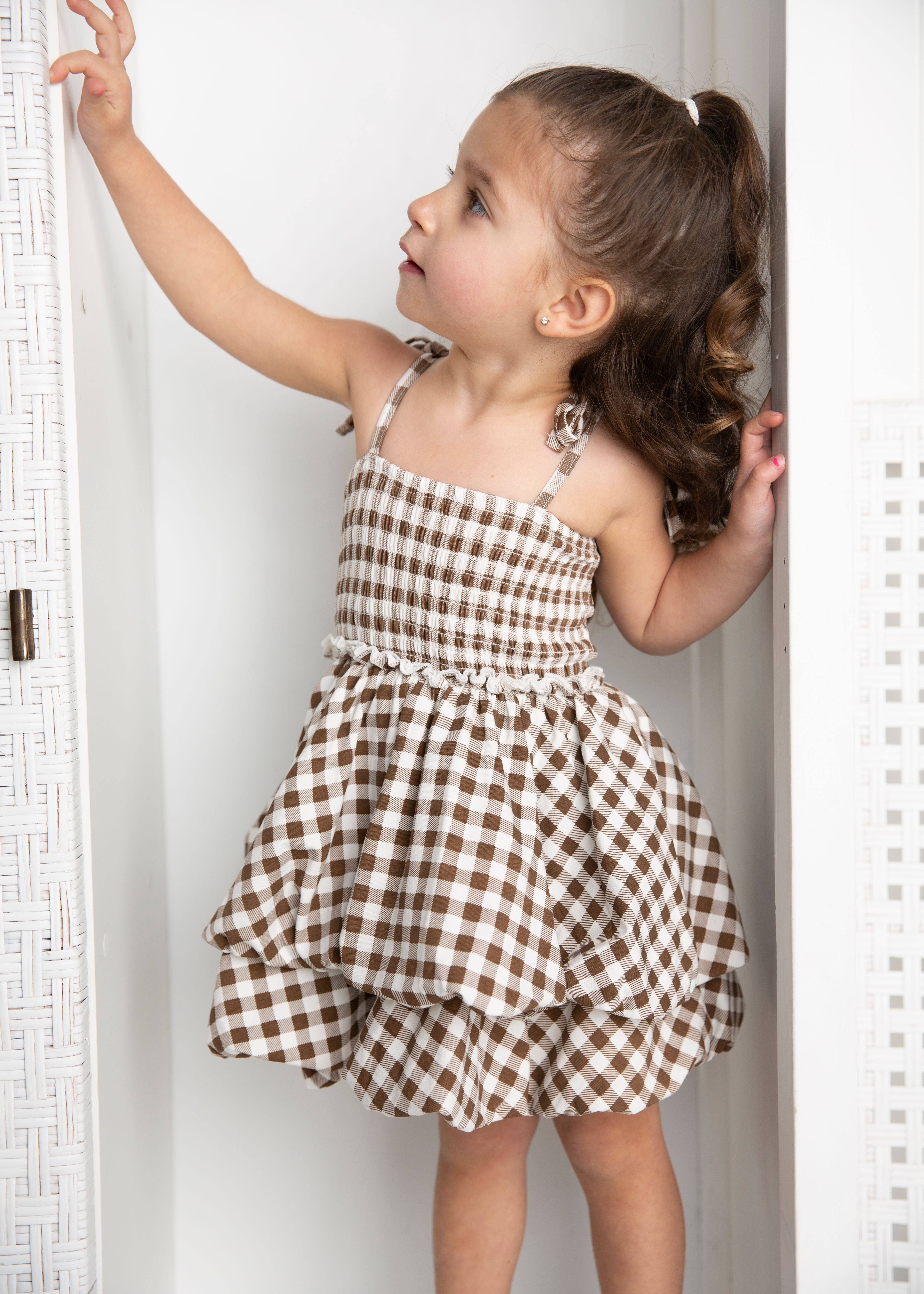 Skylar Check Bubble Dress - Mocha-Clothing-Cracked Soda