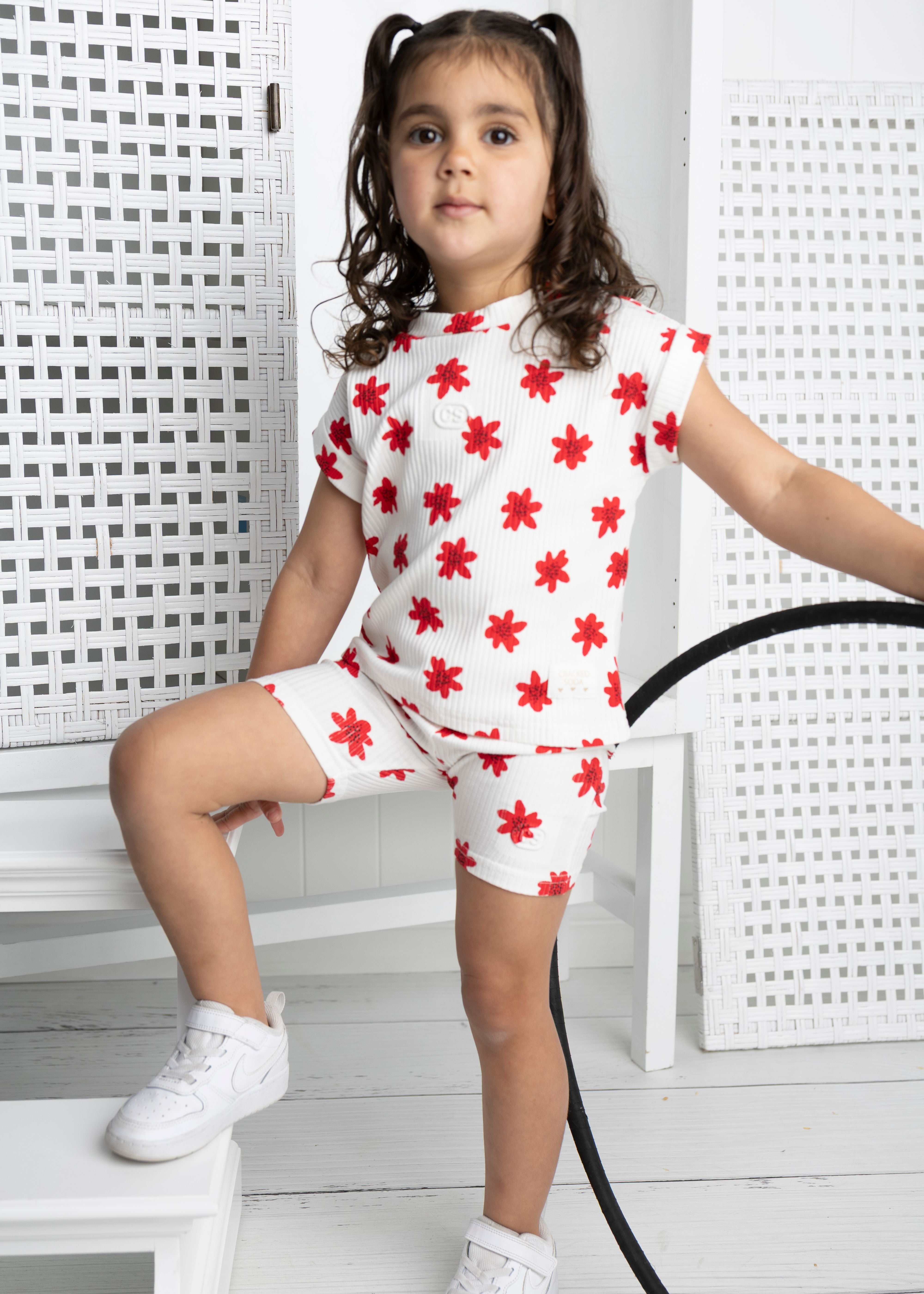 Poppy Flower White Print Shorts-Clothing-Cracked Soda