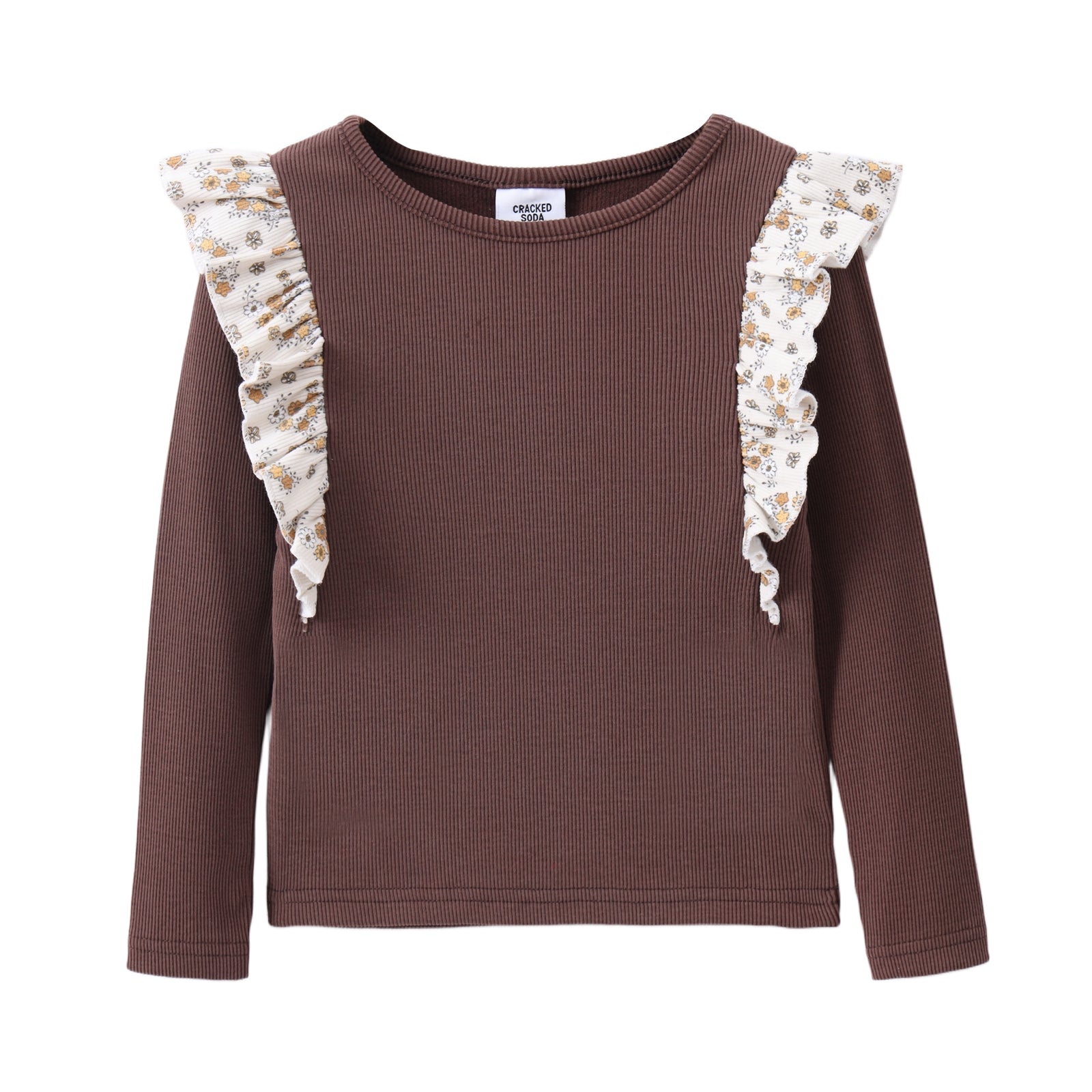 Poppy Fleece Ribbed Frill Top - Biscuit/Frill Pattern-Clothing-Cracked Soda