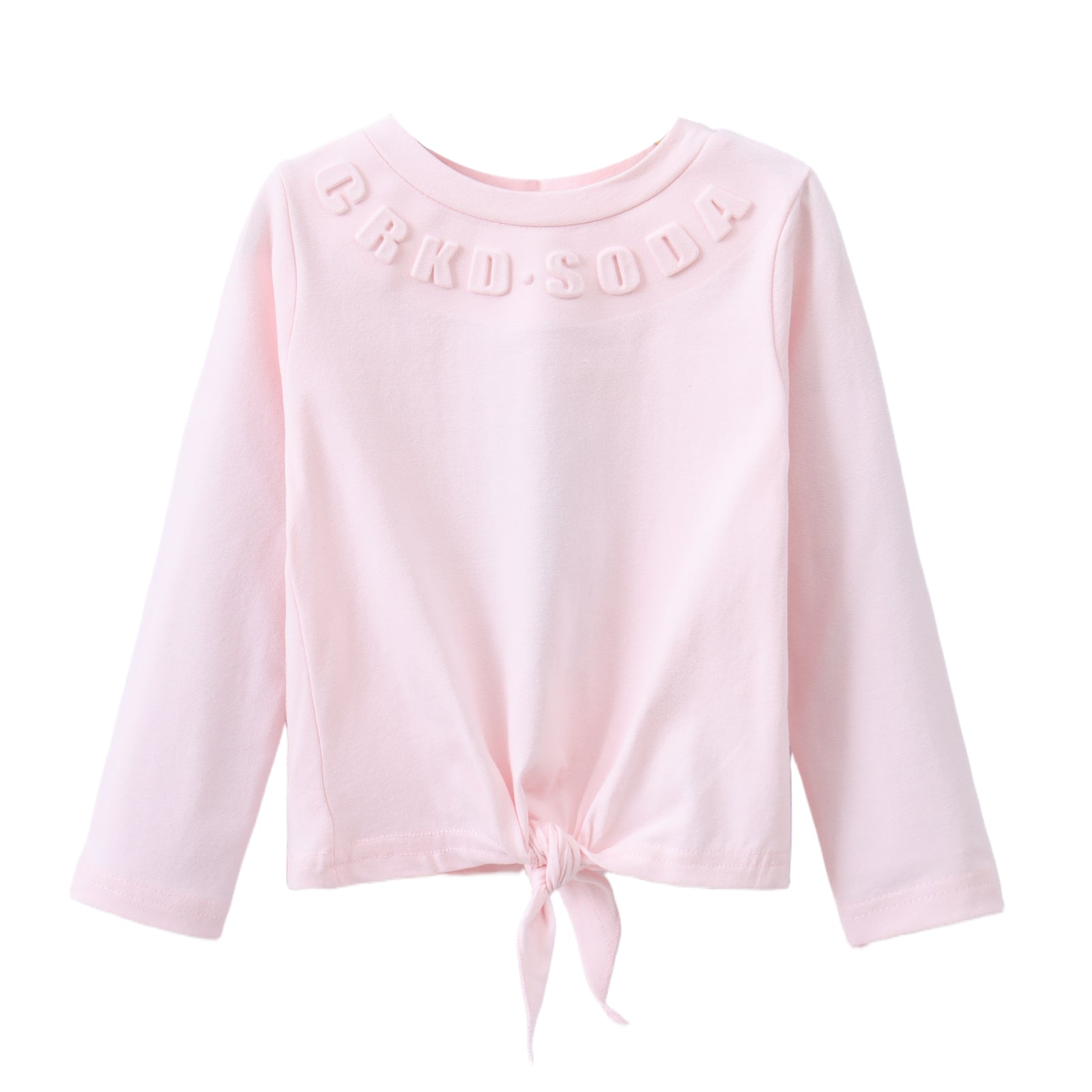 Cleo Embossed Neck L/S Tie Top - Pink-Clothing-Cracked Soda