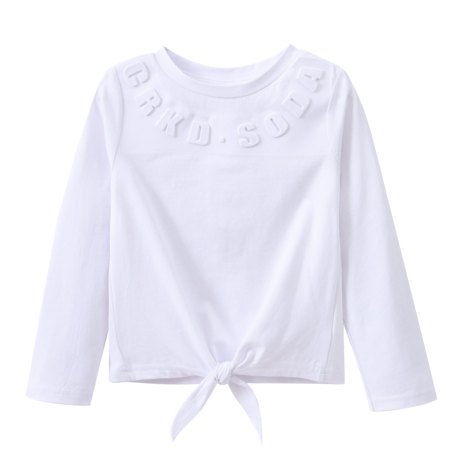 Cleo Embossed Neck L/S Tie Top - White-Clothing-Cracked Soda