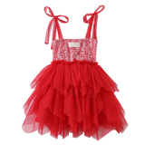 London Tie-Strap Shredded Tulle Dress - Red Stripe