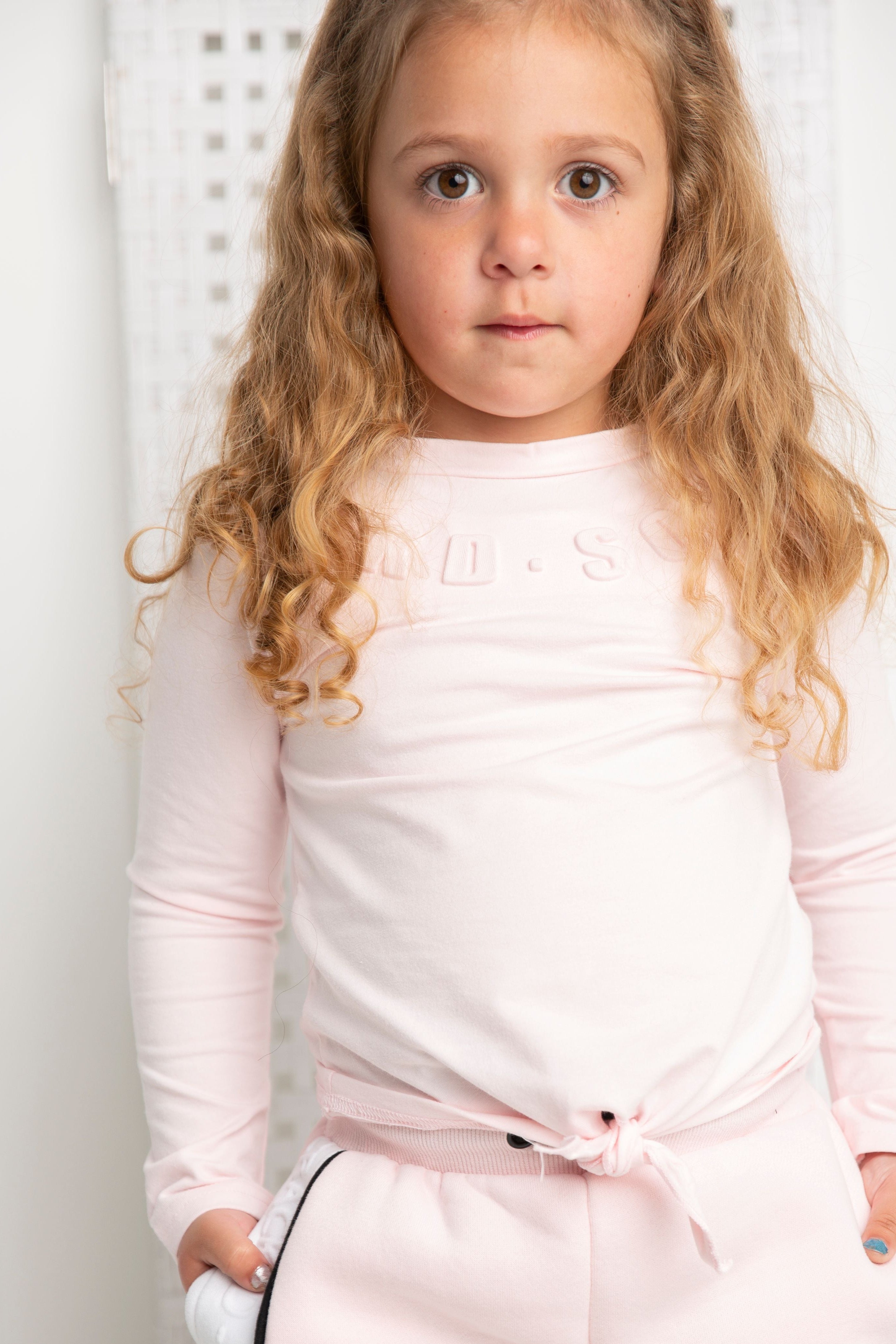 Cleo Embossed Neck L/S Tie Top - Pink-Clothing-Cracked Soda