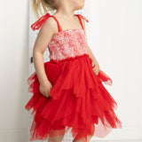 London Tie-Strap Shredded Tulle Dress - Red Stripe