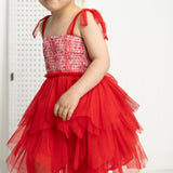 London Tie-Strap Shredded Tulle Dress - Red Stripe