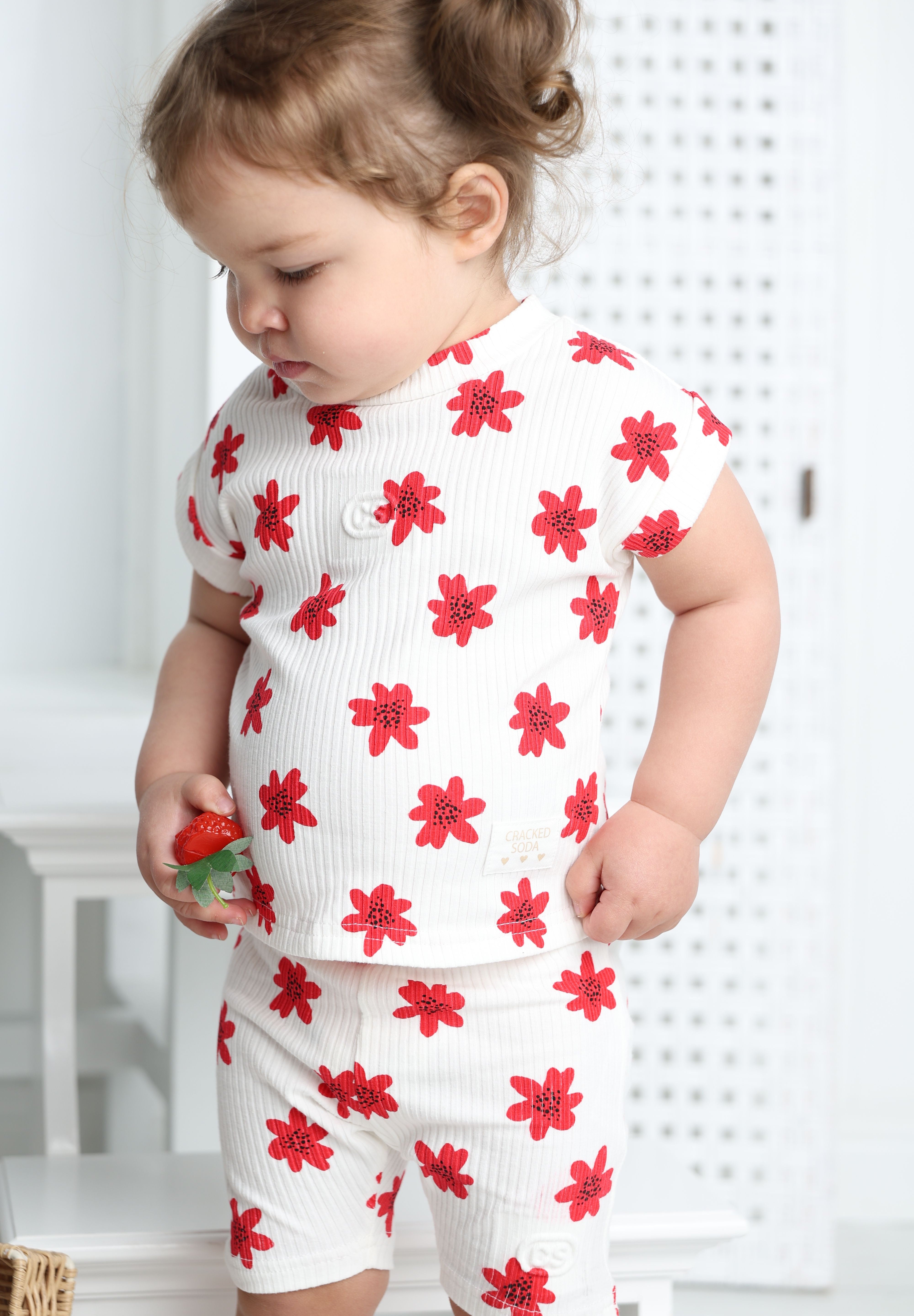 Poppy Flower White Tee & Short Set-Cracked Soda