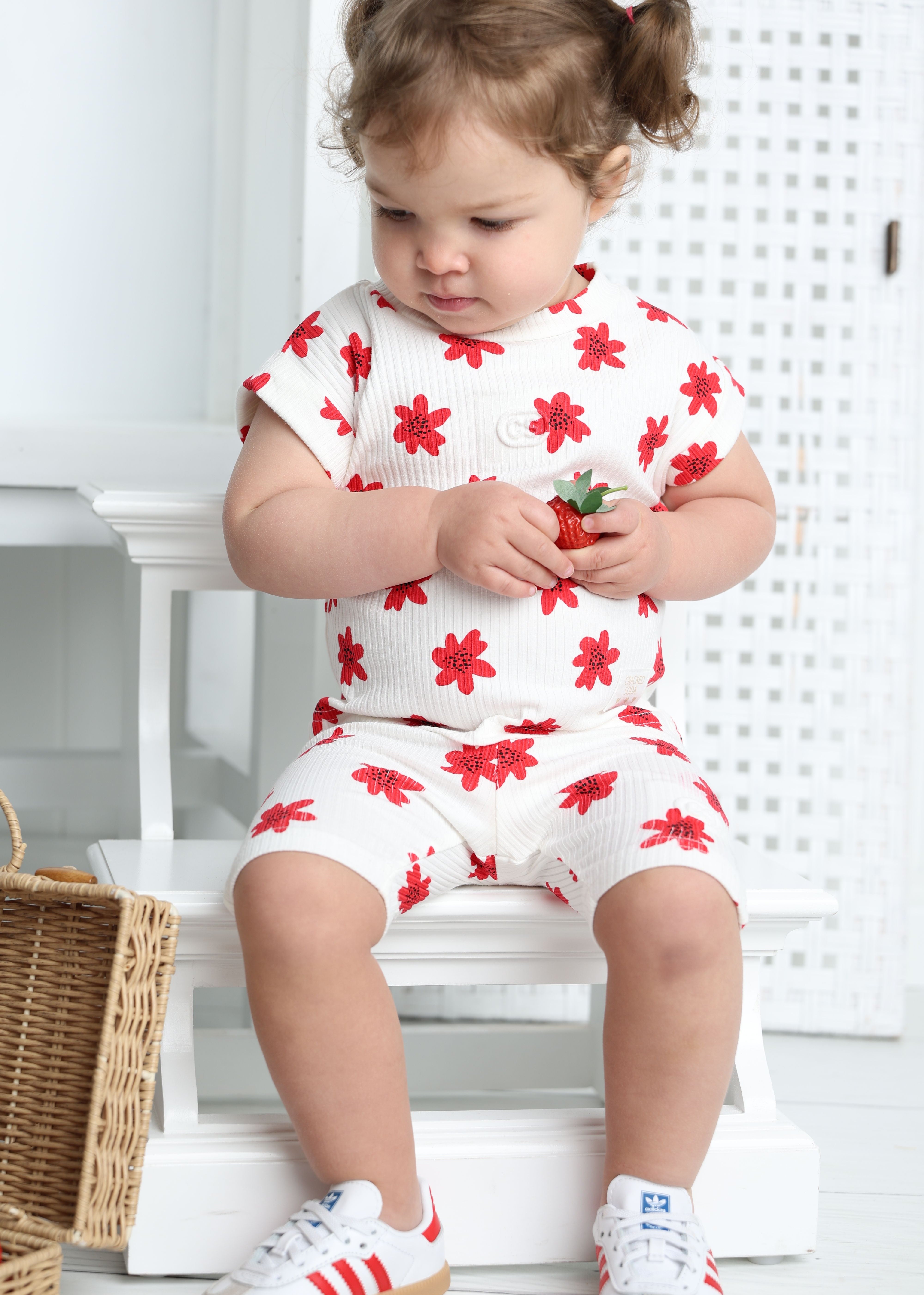 Poppy Flower White Tee & Short Set-Cracked Soda
