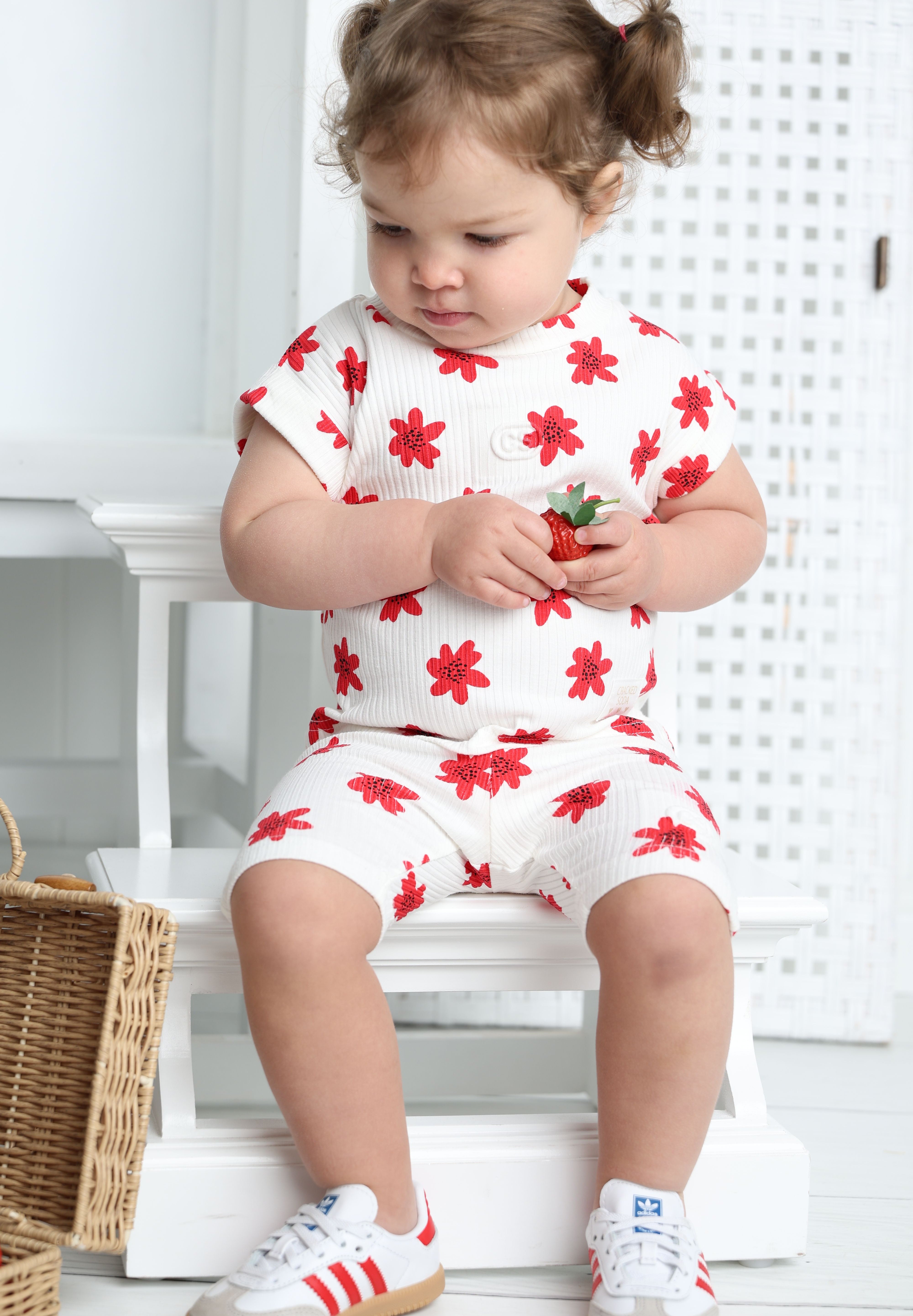 Poppy Flower White Tee & Short Set-Cracked Soda