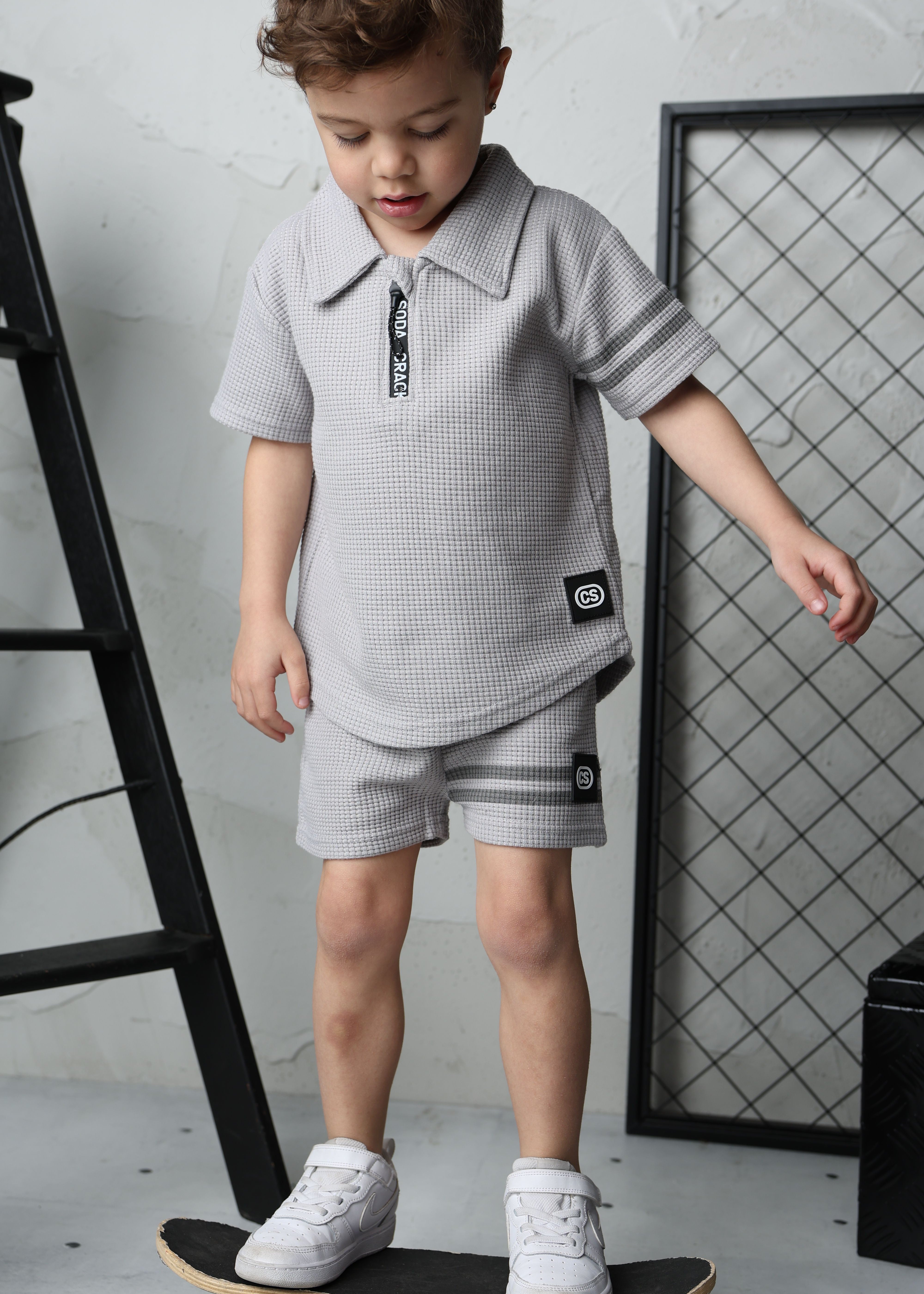 Sammy Waffle Polo & Short Set-Cracked Soda