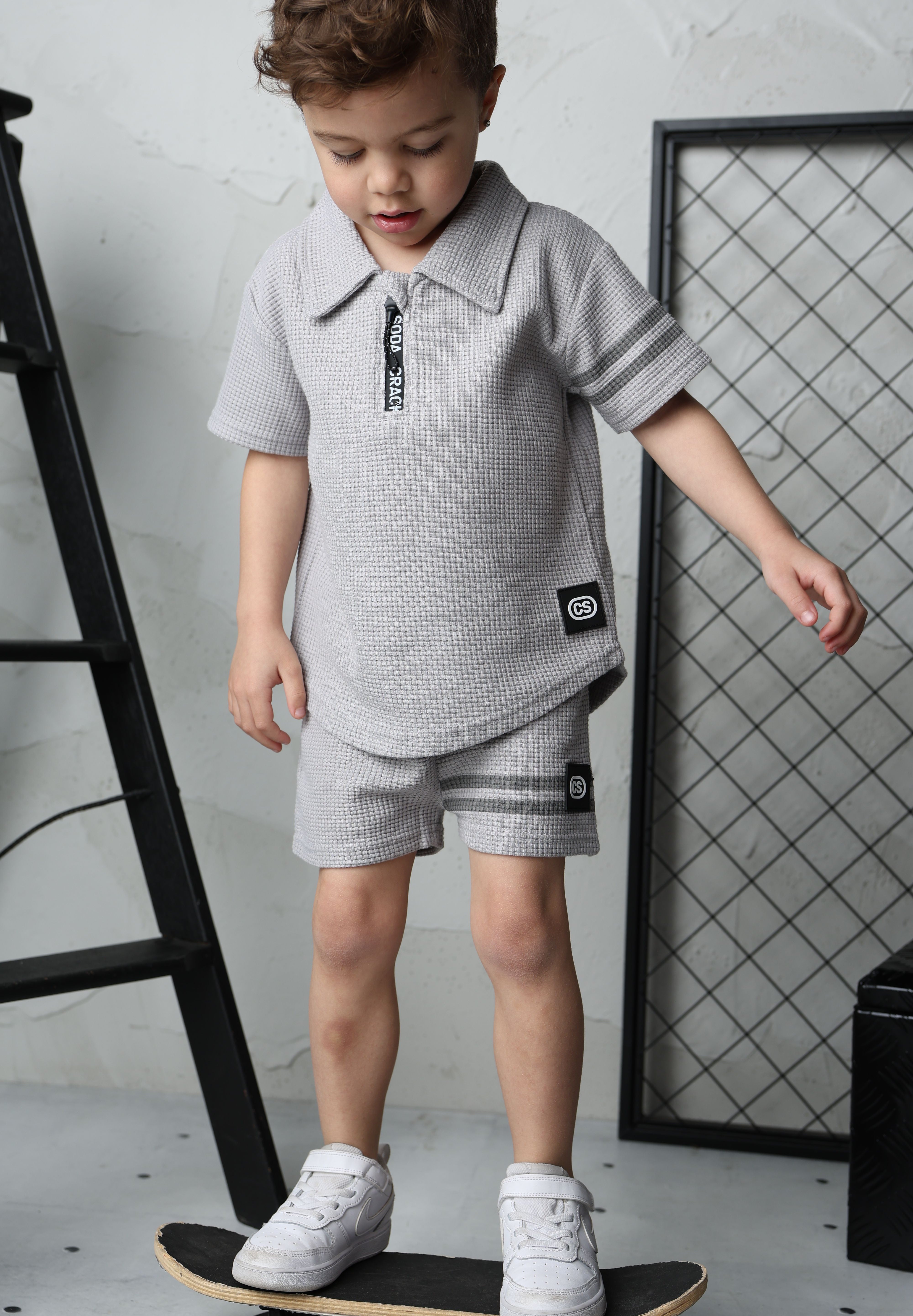 Sammy Waffle Polo & Short Set-Cracked Soda